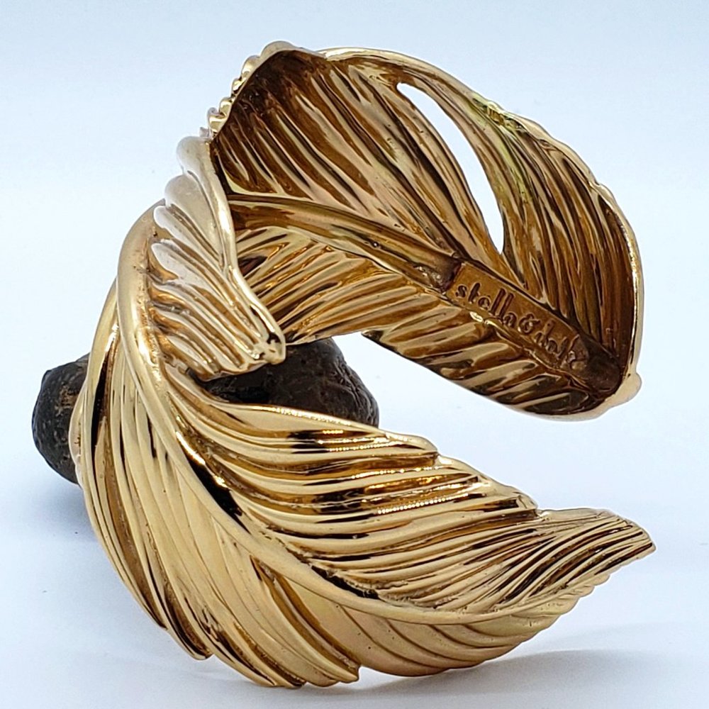 Stella & Dot Gold Tone Feather Open Cuff Bangle Bracelet